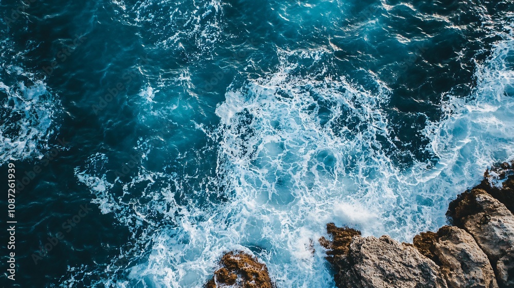 Obraz premium Mesmerizing Aerial View of Deep Blue Ocean Waves Crashing Against Rugged Coastal Rocks: A Captivating Seascape