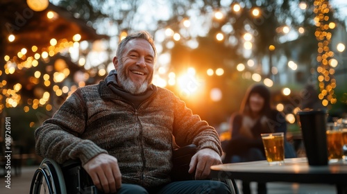 An elderly man relishes the evening ambiance from his wheelchair, surrounded by warm lights, symbolizing contentment, reflection, and the radiance of lived experiences.