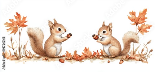 Playful and charming watercolor squirrels with acorns, isolated on white, ideal for autumn designs or illustrations for children's books