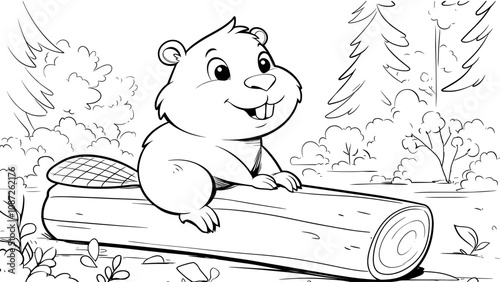 Jolly Little Beaver Sits on a Log Cartoon Character Coloring Page for Kids Happy Playful Woodland Creature Illustration Fun Nature Scene For Children Relaxing Activity Toddler