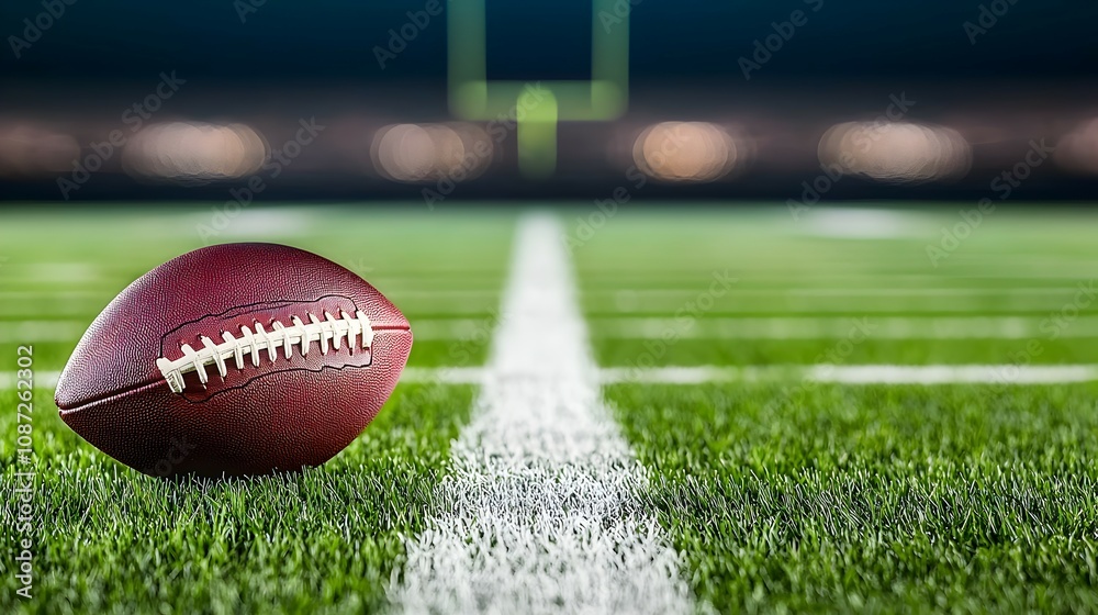 Serene American Football Field at Dusk - Isolated Football on 50-Yard Line with Soft Lighting and Natural Grass Tones Perfect for Sports and Athletic Themes Serene American Football Field at Dusk - Isolated Football on 50-Yard Line with Soft Lighting and Natural Grass Tones Perfect for Sports and Athletic Themes