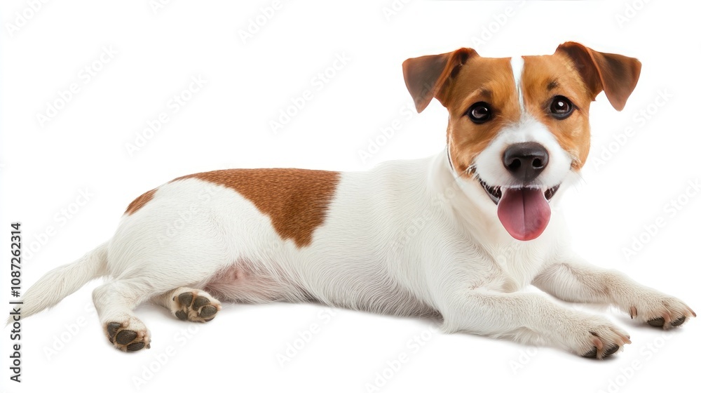 Friendly dog with its tongue hanging out, sitting on a white background and looking joyfully at the camera Friendly dog with its tongue hanging out, sitting on a white background and looking joyfully at the camera