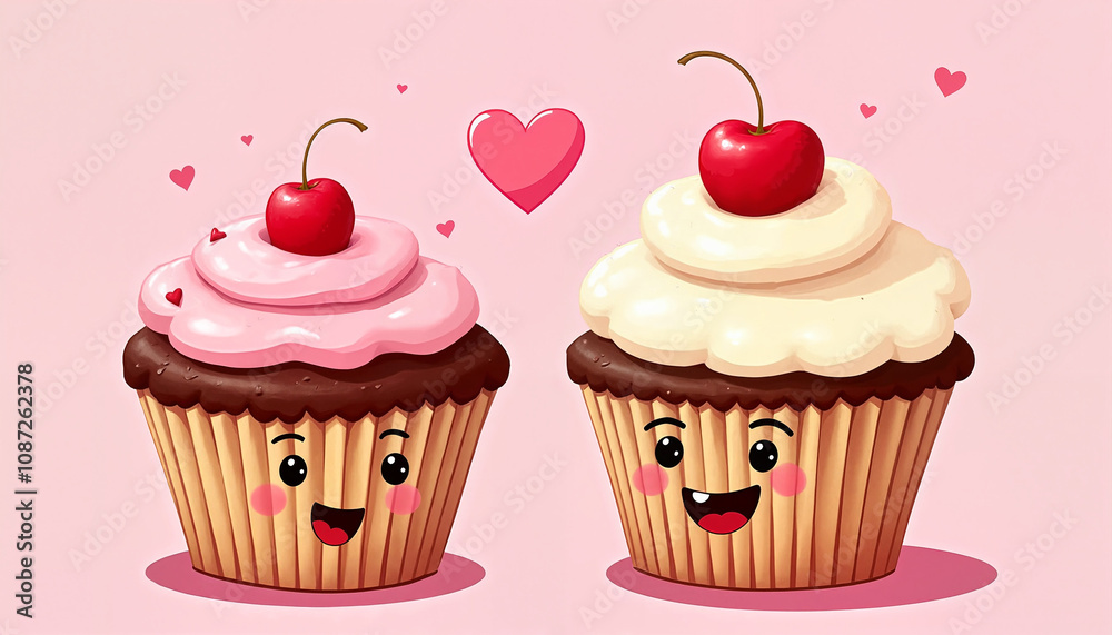 Cute smiling cupcakes with cherries and hearts, sweet dessert illustration, Valentine’s Day celebration Cute smiling cupcakes with cherries and hearts, sweet dessert illustration, Valentine’s Day celebration