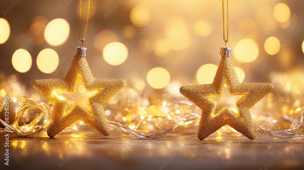 Glowing golden lights with a star bokeh effect, set against a soft background to evoke festive and elegant feelings for holidays and parties