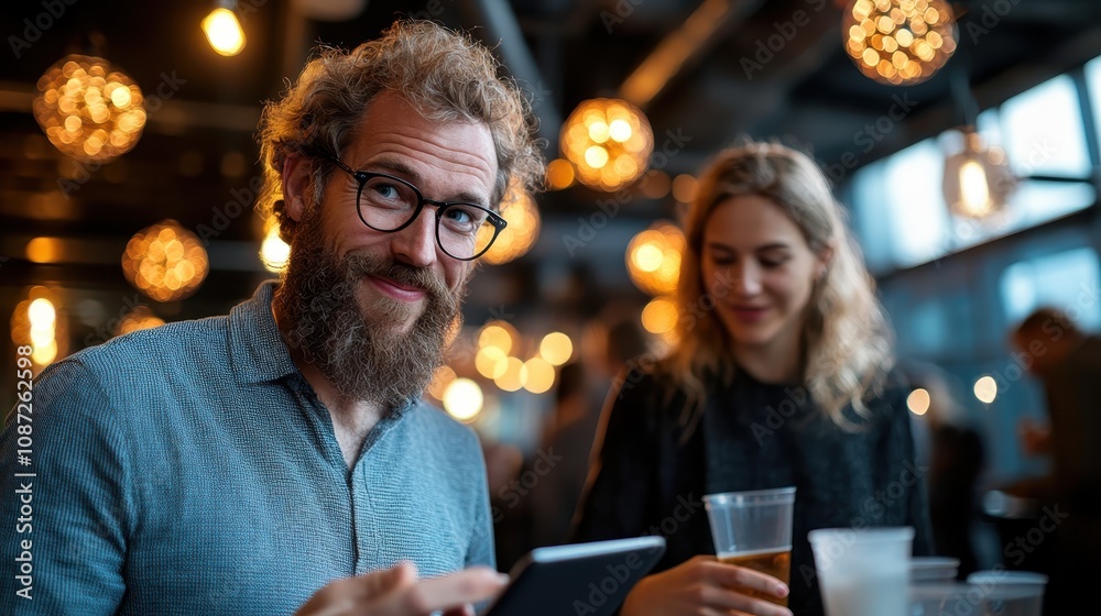 A bearded man with glasses engaged with a tablet, sitting with a woman, under decorative lights, capturing a moment of technology and social interaction. A bearded man with glasses engaged with a tablet, sitting with a woman, under decorative lights, capturing a moment of technology and social interaction.