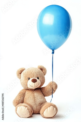 An illustration of a cute teddy bear holding a blue balloon, great for invitations, greeting cards, and children's books