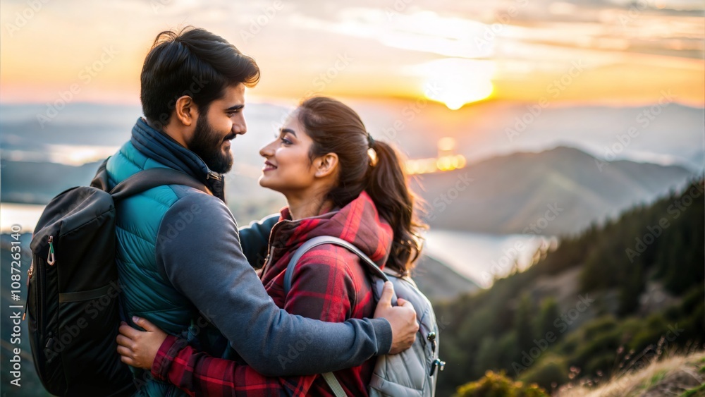 An Indian couple at sunrise on a hiking trail, embracing while admiring the view.
An Indian couple at sunrise on a hiking trail, embracing while admiring the view.