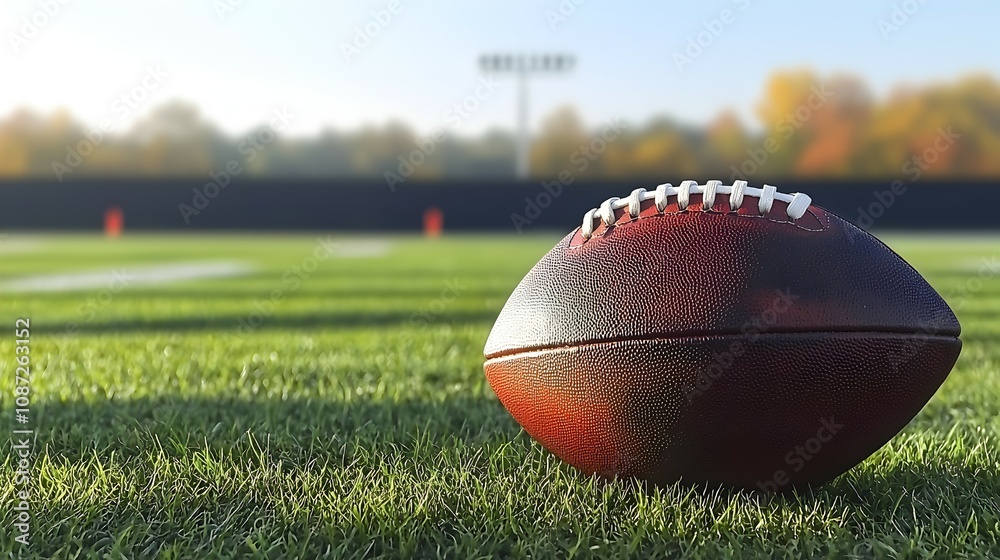 Classic American Football on Yard Line - Autumn Game Day Atmosphere with Soft Shadows and Lush Green Grass Goalposts in the Distance Perfect for Sports and Football Themes Classic American Football on Yard Line - Autumn Game Day Atmosphere with Soft Shadows and Lush Green Grass Goalposts in the Distance Perfect for Sports and Football Themes