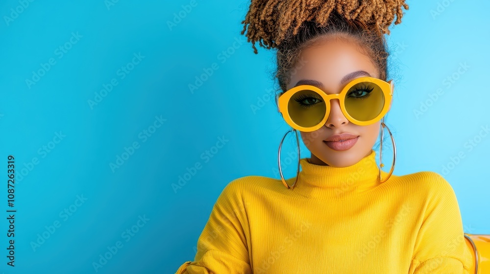 A stylish woman with an afro hairstyle poses against a vivid blue background wearing striking yellow round sunglasses and a matching turtleneck sweater in confidence.