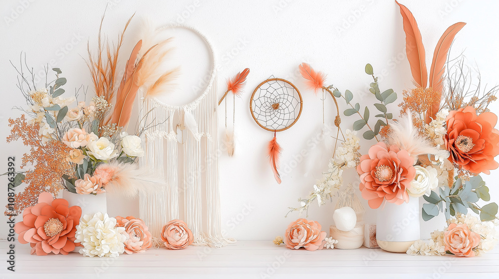A bohemian-inspired baby shower decoration with dream catchers, flowers, feathers, and a macrame backdrop. A bohemian-inspired baby shower decoration with dream catchers, flowers, feathers, and a macrame backdrop.