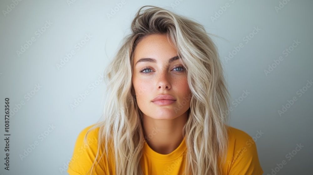 Fototapeta premium A strikingly beautiful young woman with flowing blonde hair and a relaxed gaze, wearing a yellow shirt, captivates against a pale, understated background.