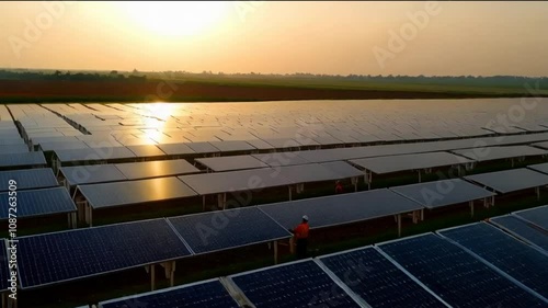 New solar farm installation in sunny California at sunset