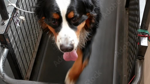 A big dog is running on a treadmill. Dog training at the fitness club. Weight loss in dogs. Healthy joints of dogs.