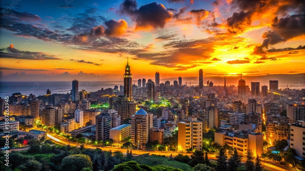 Obraz premium Silhouette of Beirut City Map at Sunset - Capturing the Urban Landscape and Architectural Elegance of Lebanon's Capital with Beautiful Colors and Shapes in the Sky
