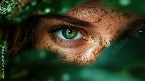 A single green eye peeks through the foliage, encapsulating a sense of mystery and intimate connection with nature amidst the greenery and serene environment.