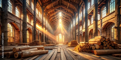 A Cathedral of Light Sunbeams Illuminate a Vast Wooden Hall, Bathed in Golden Hues, with Stacks of Timber, Reminiscent of Construction and the Beauty of Nature's Gifts