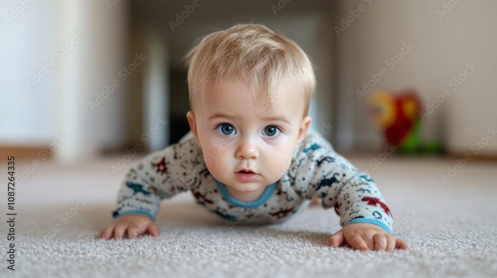 A blue-eyed baby crawling on a soft carpet, showcasing innocence and curiosity in a safe environment with a cozy atmosphere in the backdrop. A blue-eyed baby crawling on a soft carpet, showcasing innocence and curiosity in a safe environment with a cozy atmosphere in the backdrop.