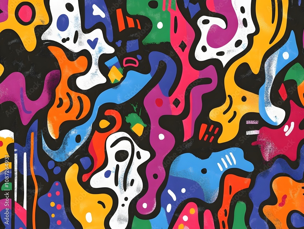Colorful abstract doodle pattern with random splashes waves and zigzags in seamless design