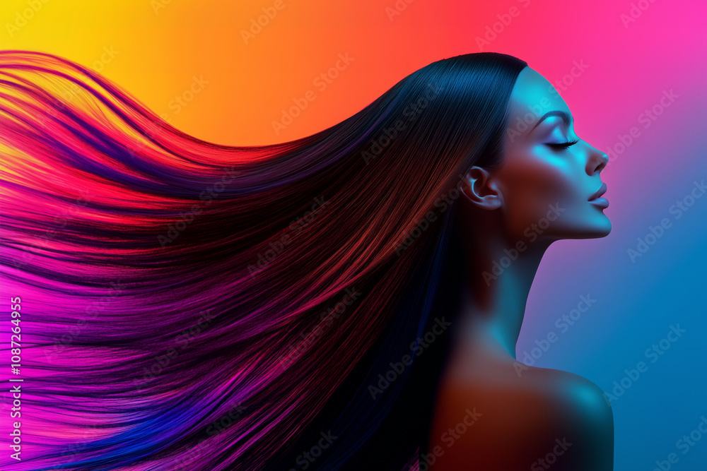 Woman with beautiful healthy shiny long hair, studio photo of a model for advertising shooting of a beauty salon, hairdresser or hair conditioner, groomed smooth and straight hair Woman with beautiful healthy shiny long hair, studio photo of a model for advertising shooting of a beauty salon, hairdresser or hair conditioner, groomed smooth and straight hair