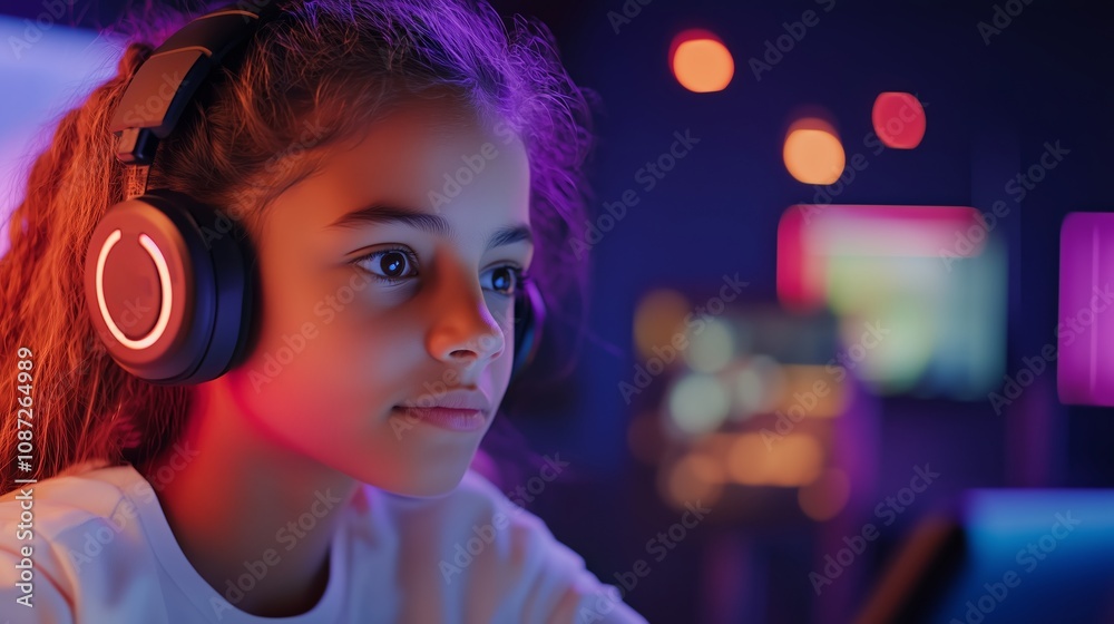 A young girl wearing headphones looks intently at a computer screen in a dimly lit room A young girl wearing headphones looks intently at a computer screen in a dimly lit room
