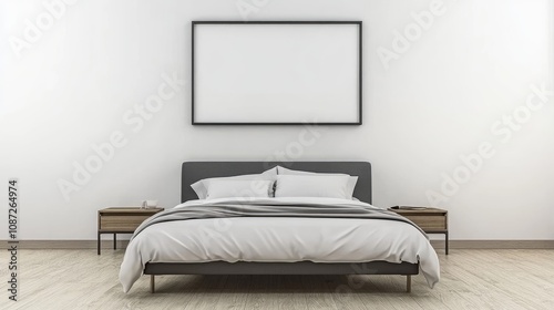 Modern bedroom interior with a mockup frame above a bed, against a bright white background wall