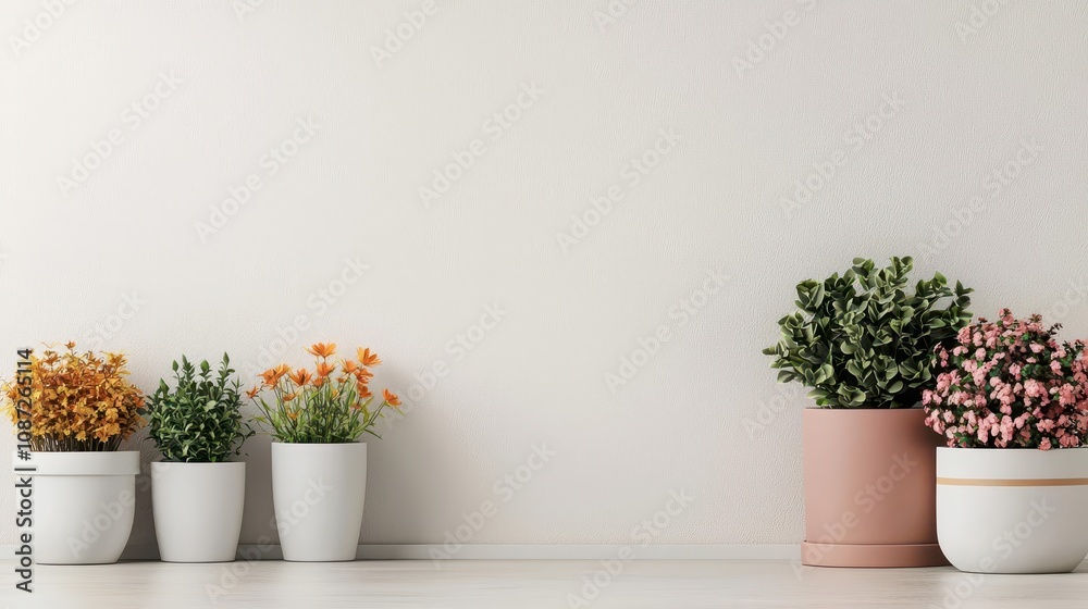 A serene display of potted flowers in pastel tones, adding a touch of nature and color to a minimalist interior setting. A serene display of potted flowers in pastel tones, adding a touch of nature and color to a minimalist interior setting.