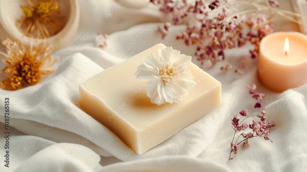 A delicate soap bar adorned with a flower and surrounded by dried petals and a soft candle glow, creating tranquility.
