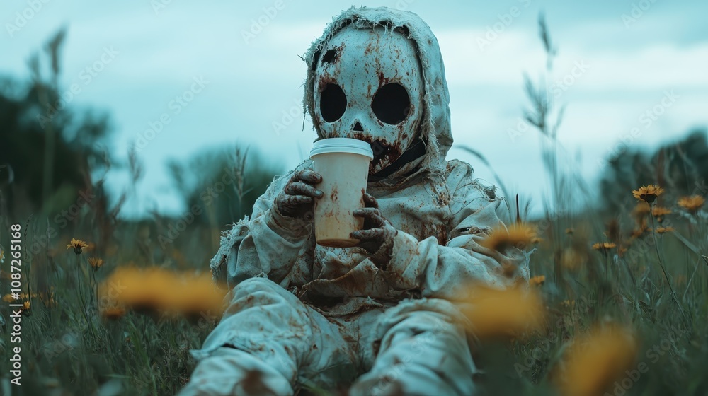 A haunting figure in a tattered outfit sits serenely in a field of wildflowers, drinking from a white cup, conveying an eerie yet peaceful juxtaposition.
