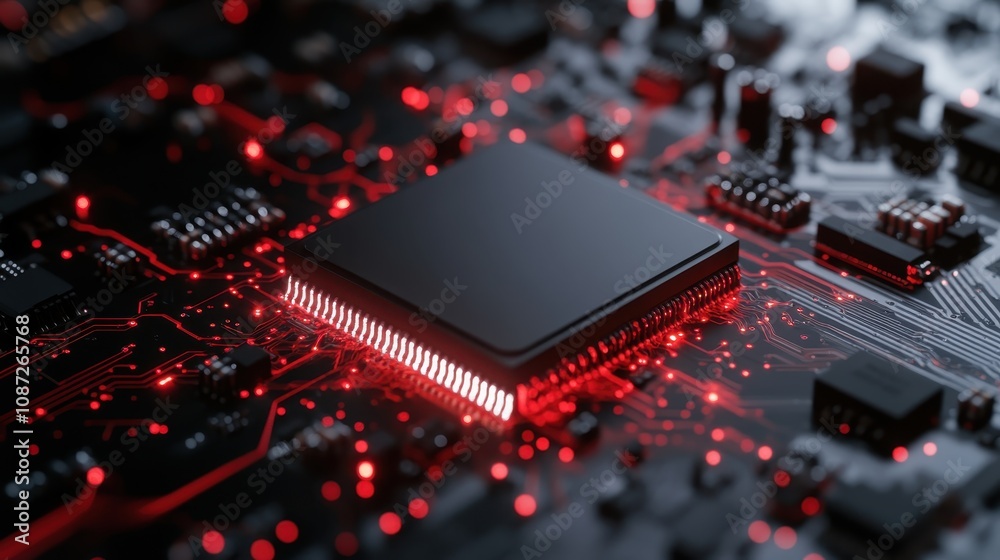 This image depicts a microchip with red illuminated circuits on a black motherboard, showcasing advanced technology and the future of computing hardware. This image depicts a microchip with red illuminated circuits on a black motherboard, showcasing advanced technology and the future of computing hardware.
