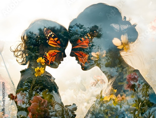 Charming Double Exposure Image of a Mother and Child Silhouettes Surrounded by Colorful Butterflies and Vibrant Wildflowers in a Dreamy Nature Scene photo