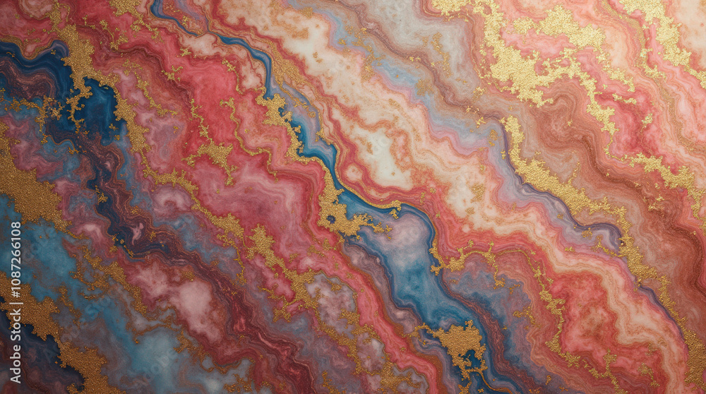 Fototapeta premium Luxurious Abstract Marble Texture with Golden Flake Accents – Vibrant Blue and Red Decorative Backgrounds for Artistic Elegance