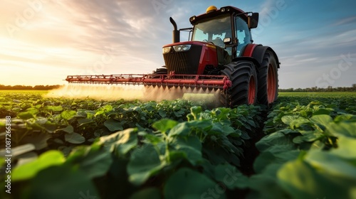 A vibrant red tractor disperses liquid spray over a lush green field, framed by a warm sunset, showcasing modern agricultural techniques in action.