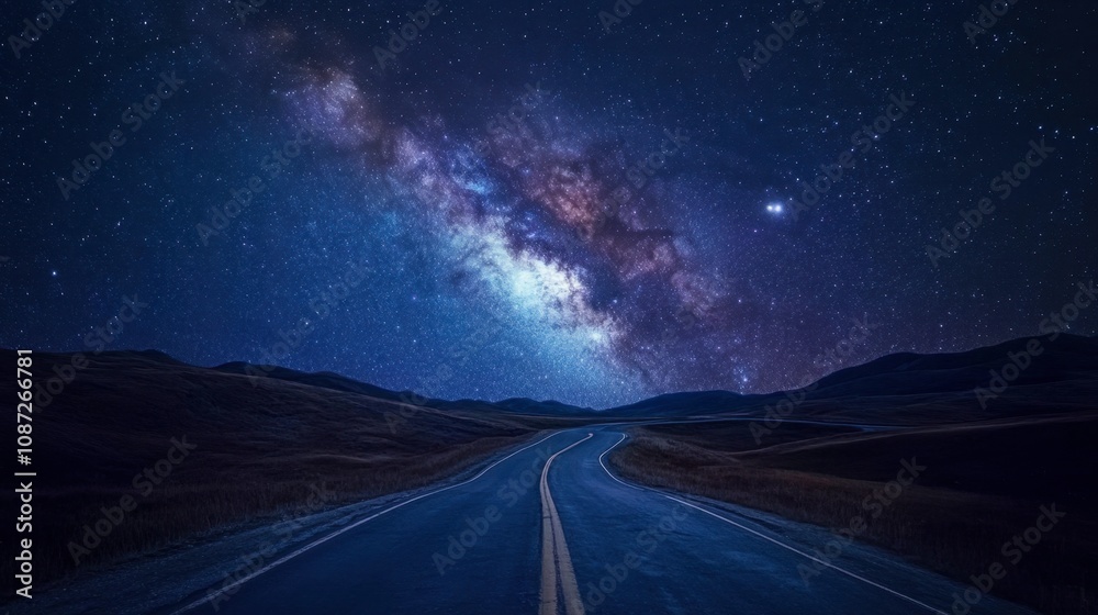 Fototapeta premium The Milky Way galaxy arching over a winding road, with stars illuminating the path through the darkness.