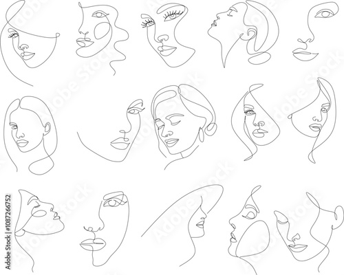 Set of portraits. Simple, minimalist vector illustration of beautiful woman face. Line drawing.