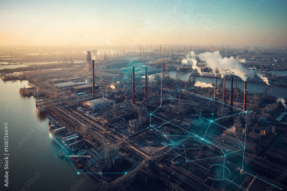 Obraz premium Industrieanlage mit modernem Netzwerk und künstlicher Intelligenz