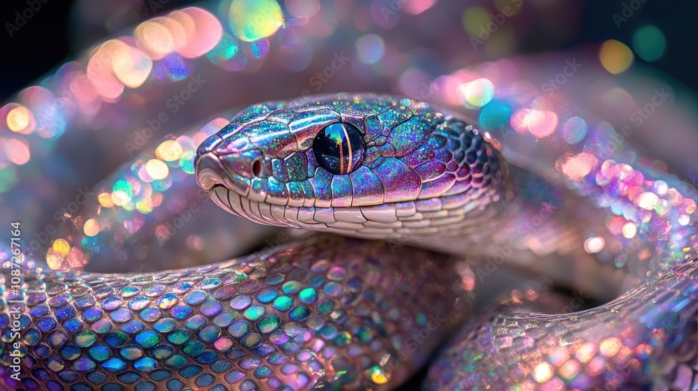 Fototapeta premium Close-Up of a Snake with Iridescent Scales and Bokeh Lights