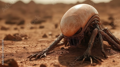 A bizarre alien lifeform with menacing features is depicted crawling across a barren, desolate sandy landscape, evoking mystery and otherworldly intrigue.