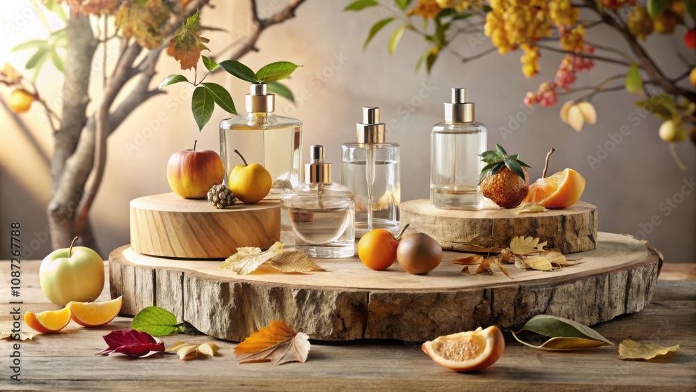 A collection of clear glass perfume bottles on wooden slices decorated with apples, oranges, and autumn leaves A collection of clear glass perfume bottles on wooden slices decorated with apples, oranges, and autumn leaves