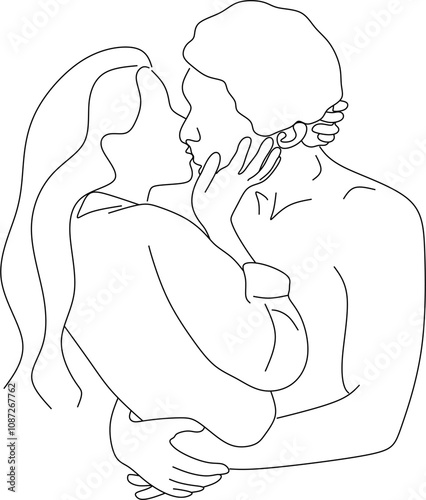 Line drawing of man and woman in love. Hugging, kissing couple in love. Valentine. Wedding logo. 