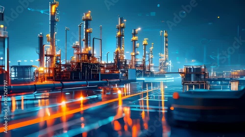 A futuristic industrial complex glowing with neon blue and orange lights, reflecting advanced technology and innovation.