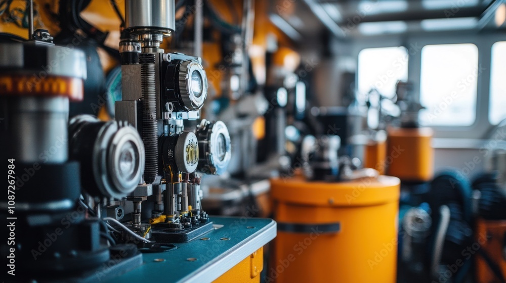 Detailed equipment for collecting seafloor data showcased aboard a research vessel, highlighting advancements in marine exploration technology. Detailed equipment for collecting seafloor data showcased aboard a research vessel, highlighting advancements in marine exploration technology.