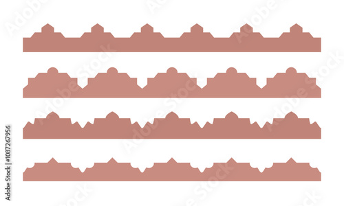 Persian abstract wall borders with flowers. Simple bohemian roof line silhouette. Oriental seamless vector illustrations for card, invitation