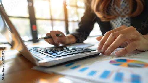 A person analyzing data on a laptop, surrounded by charts and graphs, indicating a business or financial context.