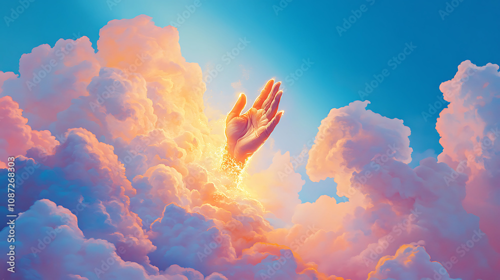 Fototapeta premium radiant hand emerges from fluffy white clouds, symbolizing hope and connection. vibrant colors and soft textures create serene and uplifting atmosphere