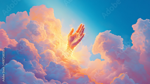 radiant hand emerges from fluffy white clouds, symbolizing hope and connection. vibrant colors and soft textures create serene and uplifting atmosphere