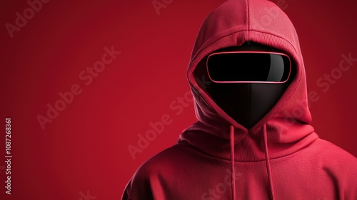 Protecting Privacy from Cyberbullying. A mysterious figure in a red hoodie with a futuristic visor, against a red background.