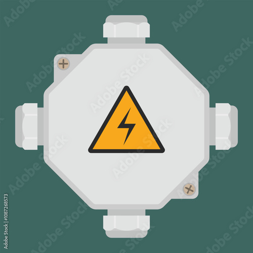 Electrical junction box with mounting flanges, cable glands and high voltage warning sign. Vector illustration
