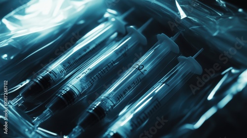 Sterile medical packaging with syringes and ampoules in transparent wrap, emphasizing sealed protection and clean design, ideal for pharmaceutical and healthcare themes.