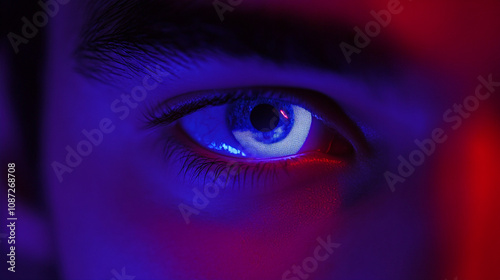 Glowing cyberpunk eye illuminated by blue and red neon lighting