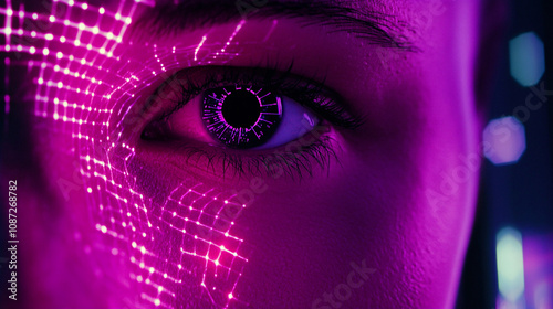 Futuristic cyberpunk eye with glowing purple digital grid pattern